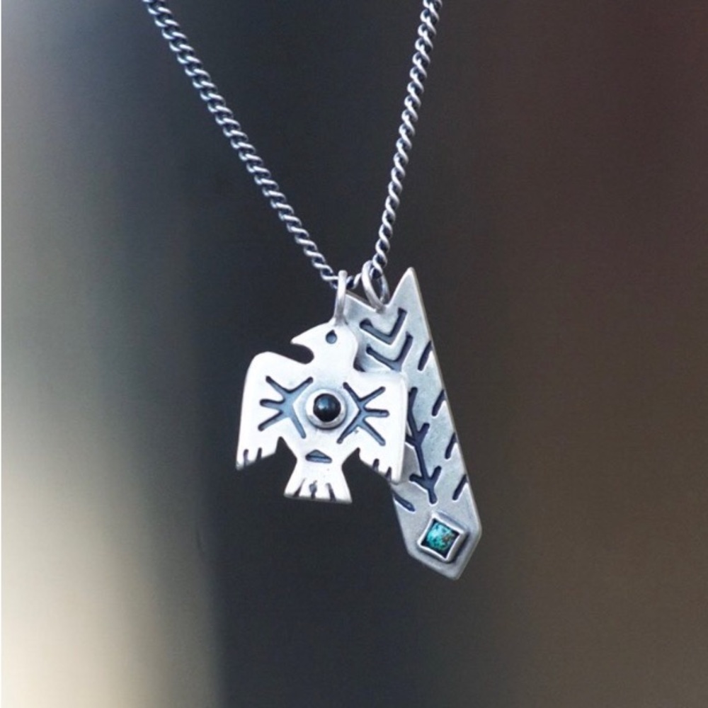 Hawk & Feather Sterling Necklace + Blue Aquamarine custom stone pendant